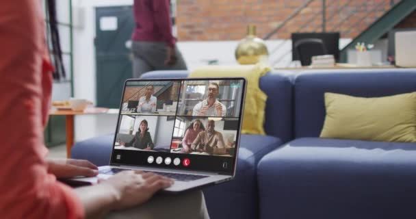 Biracial Woman Using Laptop Video Call Diverse Business Colleagues Screen — Αρχείο Βίντεο