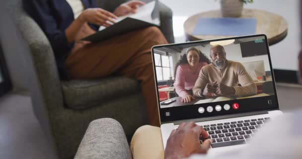 African American Man Using Laptop Video Call Diverse Business Colleagues – Stock-video