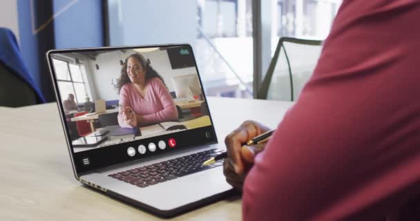 African American Man Using Laptop Video Call Business Colleague Screen — Stockvideo