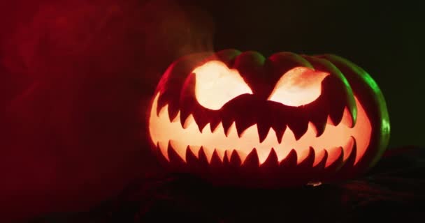 Video Halloween Carved Pumpkin Smoke Red Light Black Background Halloween — 비디오