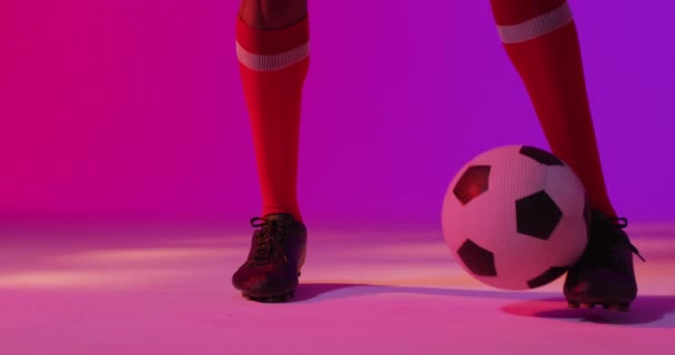 African American Male Soccer Player Football Neon Pink Lighting Sport — Vídeos de Stock