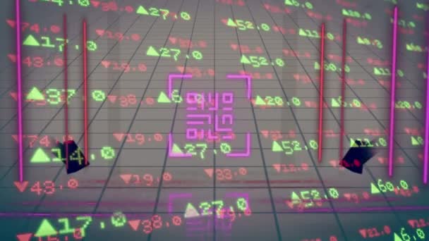 Animation Neon Code Scanner Stock Market Data Processing Arrow Icons — Vídeo de Stock