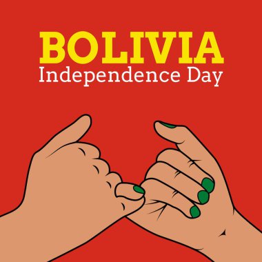 Illustration of bolivia independence day text and cropped hands with pink promises on red background. friendship, copy space, vector, patriotism, celebration, freedom and identity concept.