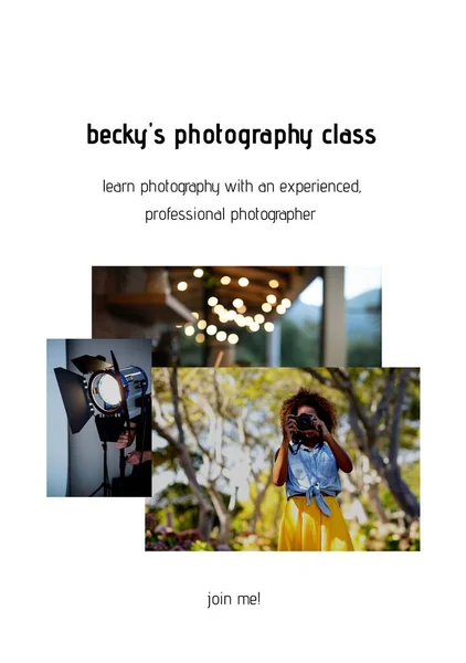 Composition of becky\'s photography class text over african american woman using camera. Photo card maker concept digitally generated image.