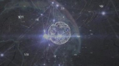 Animation of light beams with lines connecting dots with globe rotating on digital interface. Digital composite, technology, artificial intelligence, connection, global business, networking.