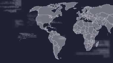 Animation of data processing over world map. global connections and data processing concept digitally generated video.
