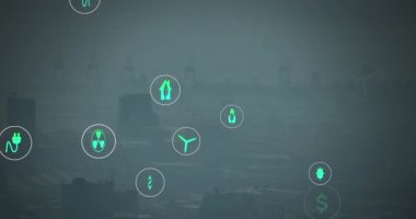 Animation of falling eco icons over refinery. Ev charging station for electric car, green energy, eco power, sustainability and co2 reduction concept digitally generated video.