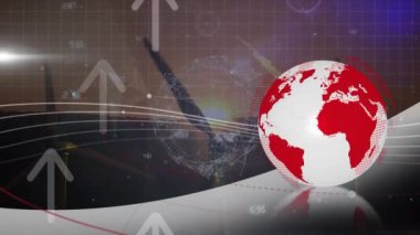 Animation of arrows, connections and globe over wind turbines. Global energy, electricity, renewable resources and eco power concept digitally generated video.