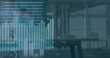 Ofiste akıllı telefon kullanan Kafkas iş kadınının grafiksel stratejik verilerinin animasyonu. Dijital bileşim, iş, analiz, çoklu pozlama, teknoloji, geleceksel planlama, meslek.