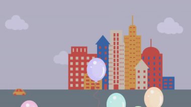 Animation of multicolored flying balloons and moving vehicles against skyscrapers. Digitally generated, illustration, city, decoration, automobile, transportation and celebration concept.