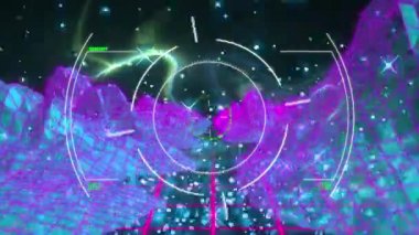 Animation of scope scanning over shining particles and metaverse structures against black background. Computer interface and metaverse technology concept