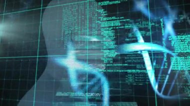 Animation of digital infographic interface over close-up of digital human and programming data. Digital composite, multiple exposure, coding, data, globalization, futuristic and technology concept.