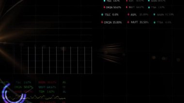 Animation of golden light spot moving over stock market data processing against black background. Global economy and business technology concept