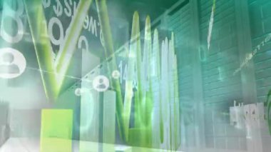 Animation of interconnected profile icons and infographic interface over abstract background. Digital composite, multiple exposure, report, finance, investment, business and technology concept.