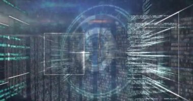 Animation of round scanner and data processing over multiple screens of mosaic squares. Computer interface and business technology concept