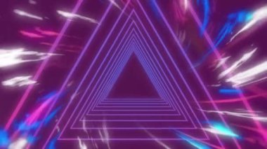 Animation of looping triangles, multicolored flame and moving illuminated star over pink background. Digitally generated, multiple exposure, astronomy, geometric shape and nature concept.