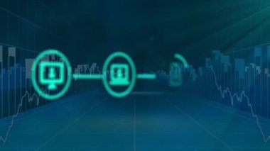 Animation of network of connections with icons and data processing on blue background. global digital interface, data processing and connections concept digitally generated video.
