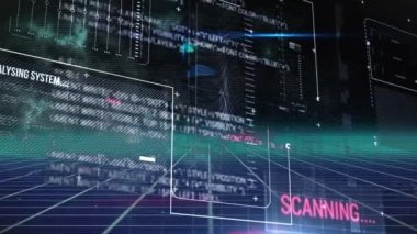 Animation of interface with data processing over blue and green grid network on black background. Computer interface and business technology concept