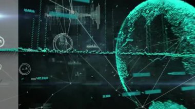 Animation of network of connections with data processing over globe on black background. Global technology, connections and digital interface concept digitally generated video.