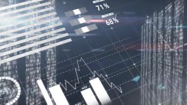 Animation of data processing over multiple screens with mosaic squares against blue background. Computer interface and business technology concept