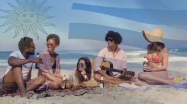 Composite video of waving argentina flag over group of diverse friends enjoying together at beach. Global tourism and travel concept