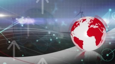 Animation of arrows, connections and globe over wind turbines. Global energy, electricity, renewable resources and eco power concept digitally generated video.