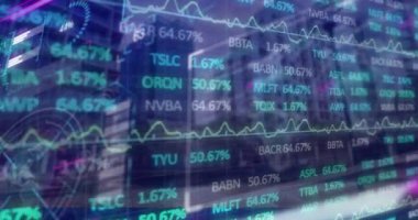 Animation of graphs with financial data processing on digital interface against buildings. Digital composite, multiple exposure, development, global economy, finance, business, growth.
