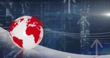 Animation of spinning globe, arrow icons and data processing over screens of mosaic squares. Global networking and business data storage technology concept
