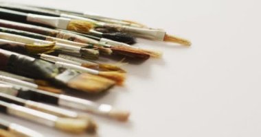 Video of diverse brushes lying on white surface. School equipment, tools, learning and education concept.