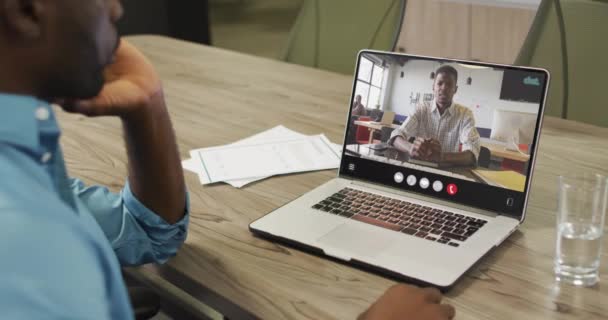 African American Man Using Laptop Video Call Business Colleague Screen — Vídeos de Stock