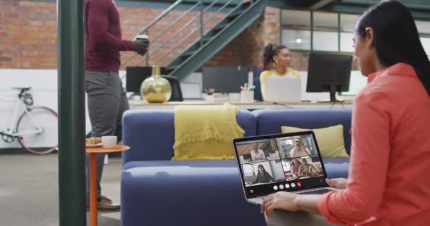 Biracial Woman Using Laptop Video Call Diverse Business Colleagues Screen — Video