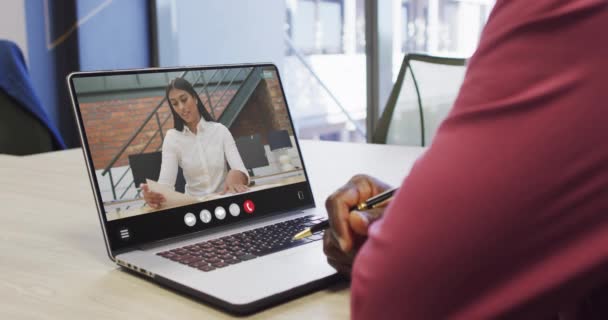 African American Man Using Laptop Video Call Business Colleague Screen — Wideo stockowe
