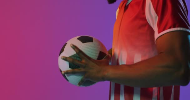 African American Male Soccer Player Football Neon Pink Lighting Sport — Vídeos de Stock