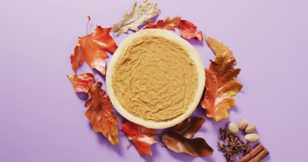 Video Autumn Leaves Spices Pie Purple Background Halloween Autumn Tradition — Stok video