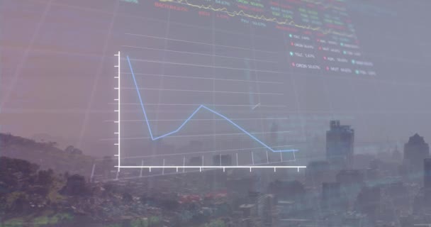 Animation Graphs Financial Data Processing Digital Interface Cityscape Digital Composite — стоковое видео