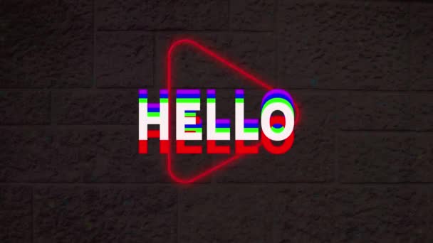 Animation Hello Text Banner Neon Red Play Icon Grey Brick — Stockvideo