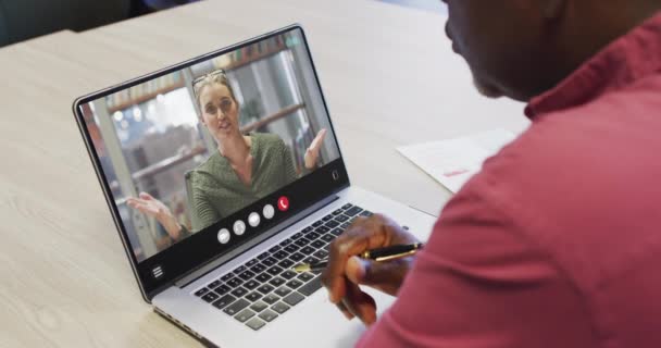 African American Man Using Laptop Video Call Business Colleague Screen — Stock video