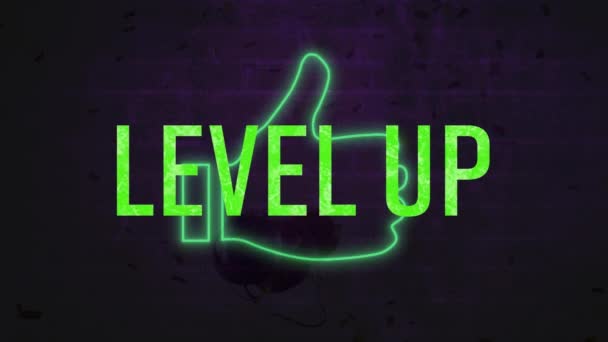 Animation Green Level Text Banner Neon Green Icon Grey Brick — Stockvideo
