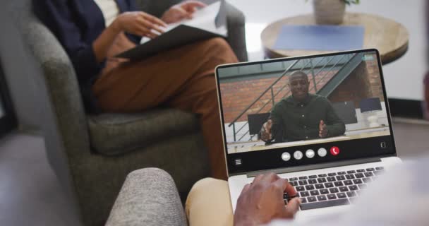 African American Man Using Laptop Video Call Business Colleague Screen — Stockvideo