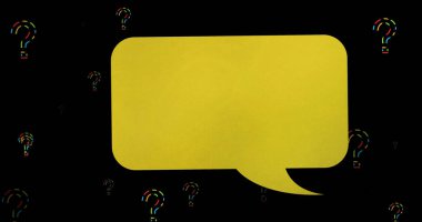 Image of speech bubble over question marks on black background. Global education and digital interface concept digitally generated image.