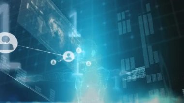 Animation of digital midsection of human, profile icons, falling binary code, globe and infographics. Digitally generated, hologram, globalization, reports, finance, anatomy and technology conecpt.
