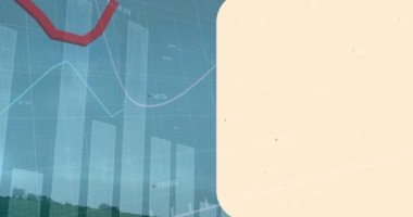 Animation of statistical data processing over spinning windmill against blue sky. Renewable energy and business data technology concept