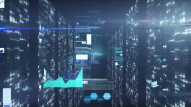 Animation of data processing over multiple screens with mosaic squares against blue background. Computer interface and business technology concept