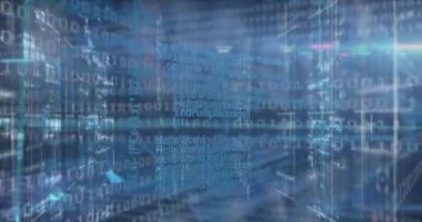 Animation of binary coding data processing over screens of mosaic squares against blue background. Computer interface and business technology concept