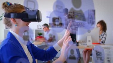 Animation of media icons over caucasian businesswoman using vr headset. Global business and digital interface concept digitally generated video.