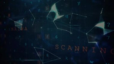 Animation of numbers, alphabets, dots connected with lines and globe over abstract background. Digitally generated, multiple exposure, globalization, security, antivirus, firewall, technology concept.
