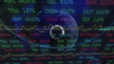 Animation of light, financial data and globe. Global finance, economy, science and technology concept digitally generated video.