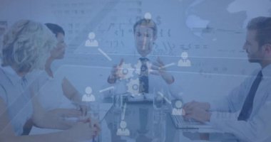 Animation of infographic interface over caucasian coworkers discussing in meeting in boardroom. Digital composite, multiple exposure, teamwork, business, communication and technology concept.