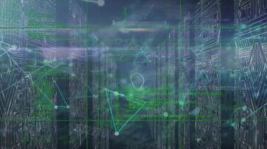 Animation of dots connecting with lines and computer application icons over abstract background. Digitally generated, multiple exposure, ideas, security, communication and technology concept.