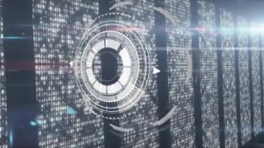 Animation of interface with data processing over screens with binary coding against blue background. Computer interface and business technology concept